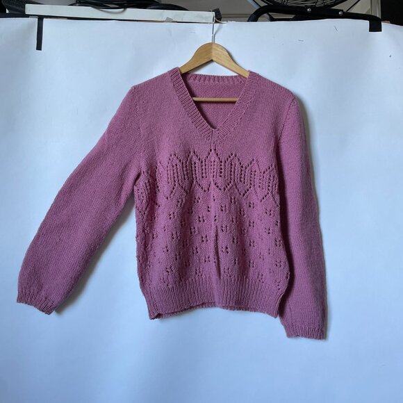 Pink Handmade Knit Sweater, Pullover V-neck - Picture 2 of 9